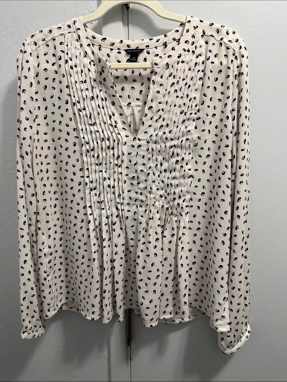 Ann Taylor Cream Pintuck Blouse with Black & Burgundy Dot Motif